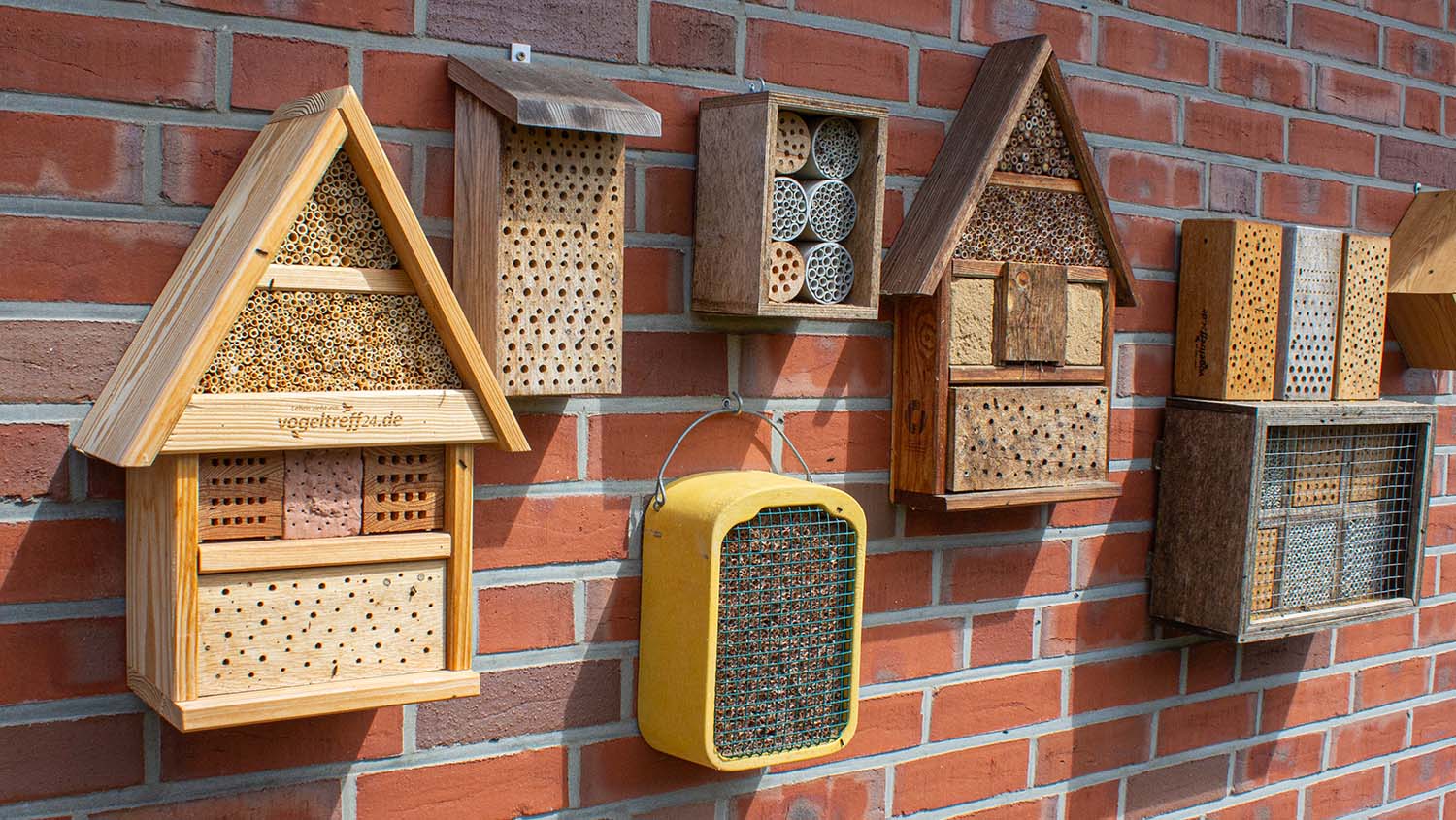 mehrere Insektenhotels an Hauswand