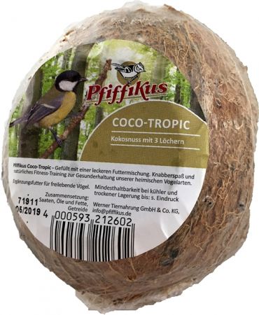 Pfiffikus Kokosnuss mit 3 Löchern gefüllt mit Vogelfutter