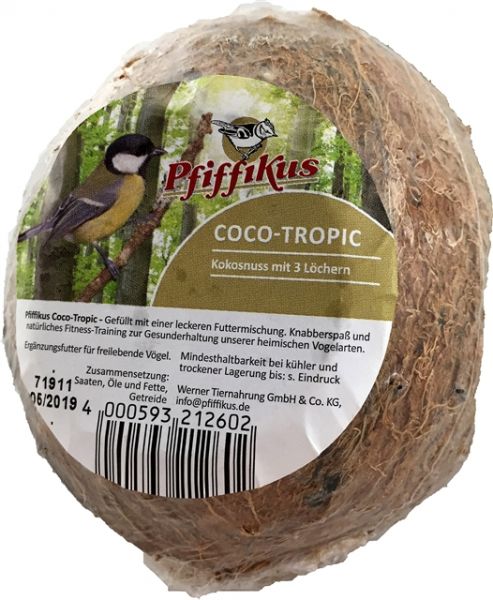 15 Pfiffikus Kokosnüsse mit 3 Löchern gefüllt mit Vogelfutter im SPARPAKET