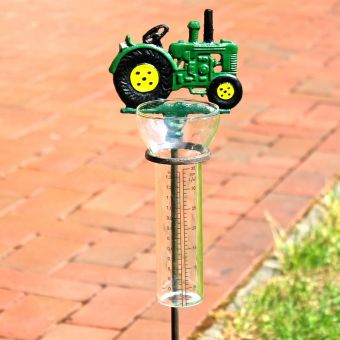 Regenmesser Traktor mit Glas Gartenstecker aus lackiertem Gusseisen grün