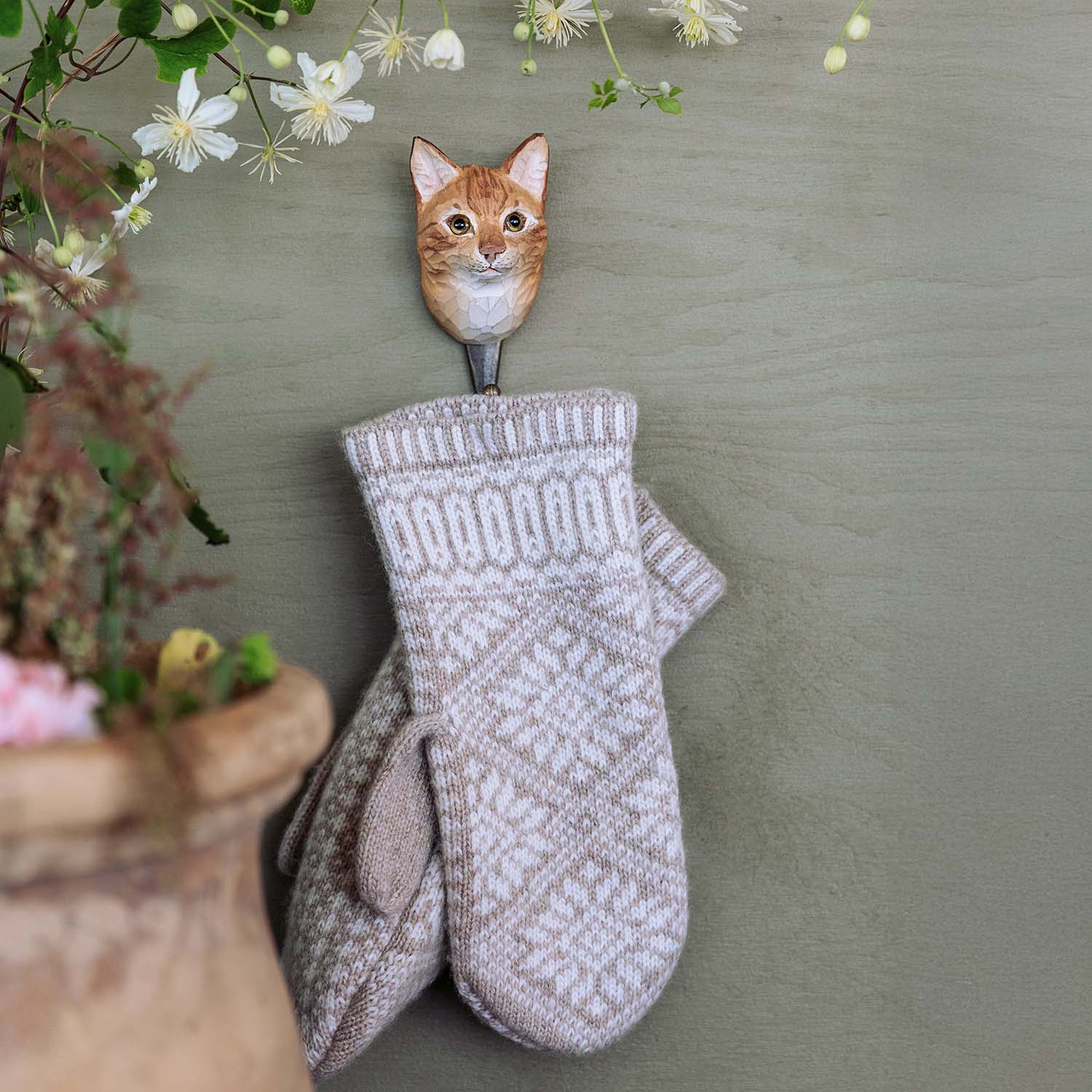 Wildlife Garden Haken Katze handgeschnitzt